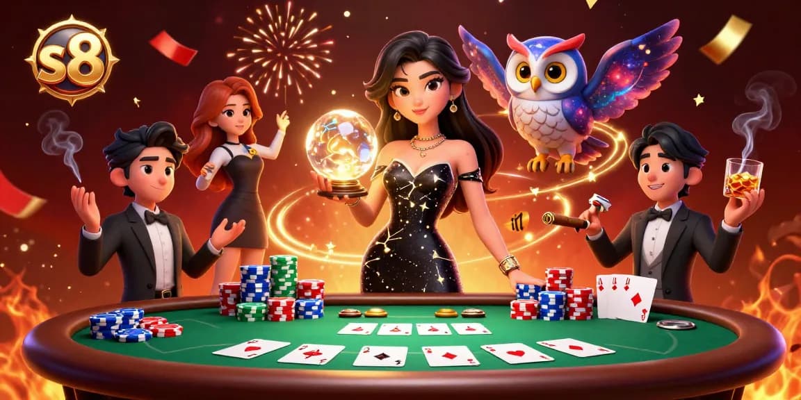 Engage in thrilling poker action at s8 with dazzling chips and a mystical aesthetic.