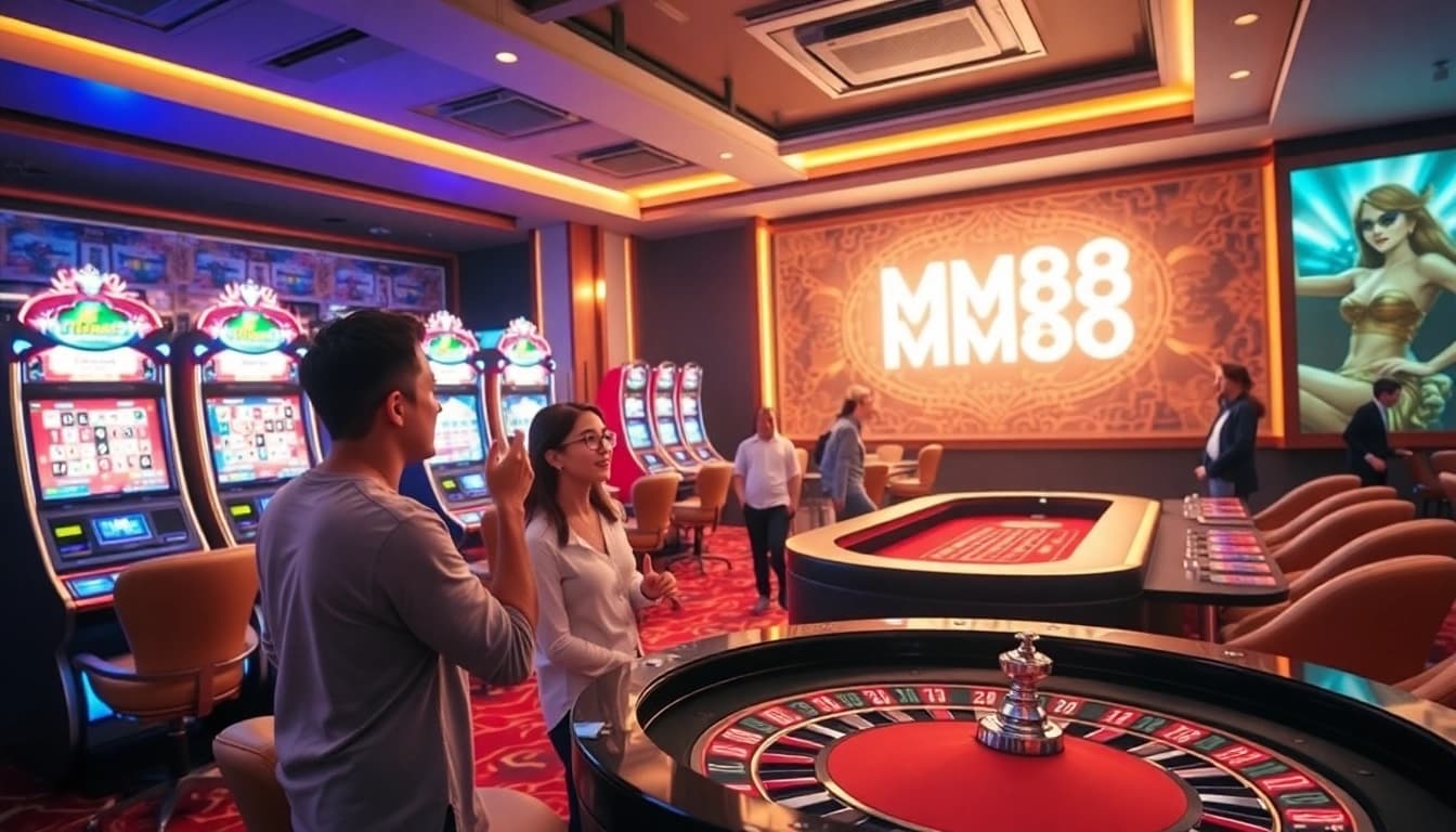 Experience the excitement of MM88 casino with vibrant games, chips, and players engaged.