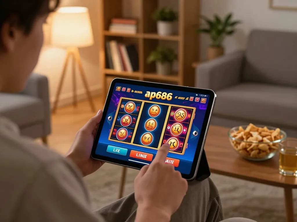 Pemain menikmati permainan kasino ap686 secara online di tablet di rumah dengan suasana yang nyaman.
