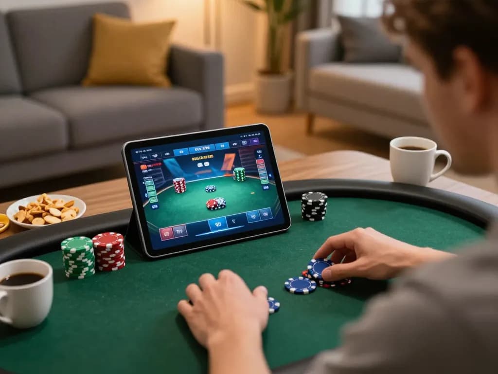 Fabet gaming at home, player engaged in online poker with focused strategy.