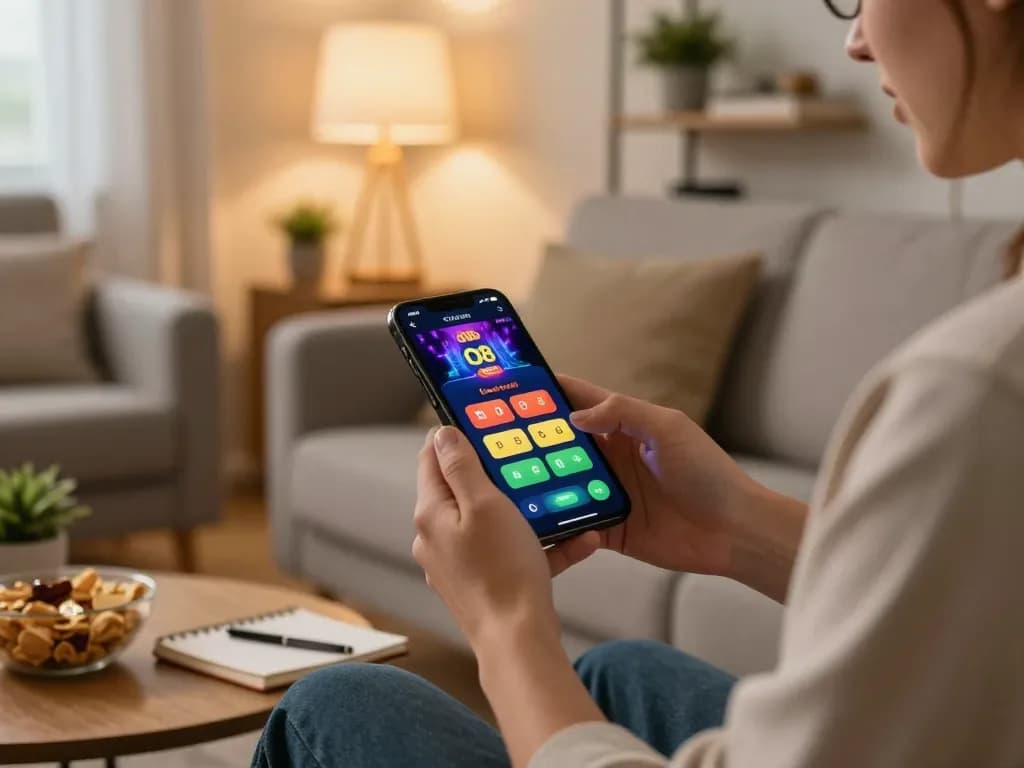 Player engaging with the O8 casino app on smartphone in a cozy home setting, showcasing online gambling.