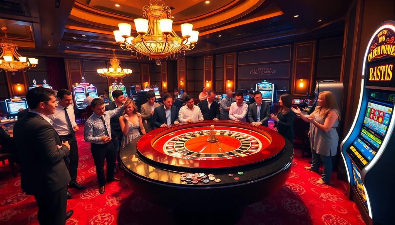 Exciting casino gameplay with go8 players at a roulette table and poker room.