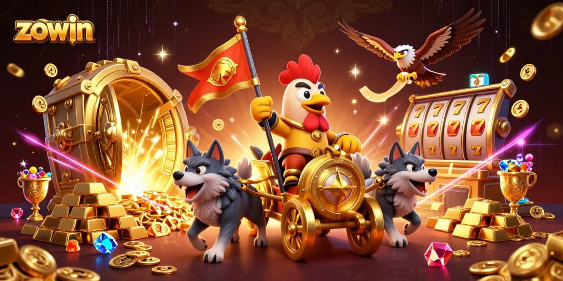 Experience the thrill of Zowin with a dynamic illustration of a rooster warlord leading a treasure-filled casino.