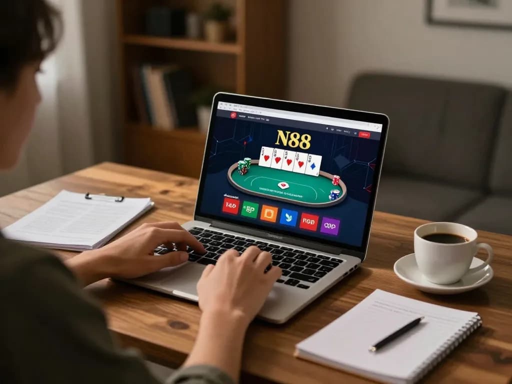 N88 online casino gameplay in a cozy workspace with strategic notes and laptop display