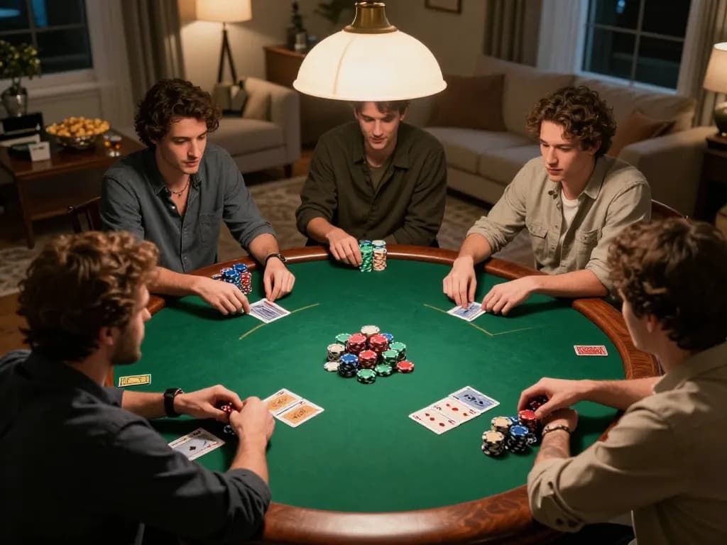 B52club players engage in a friendly poker game with tension and excitement at a home setting.