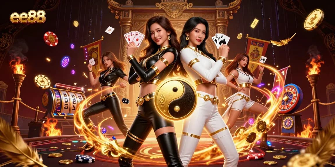 Experience excitement at ee88 with stunning twin Asian women showcasing dynamic cards in a casino-themed illustration.