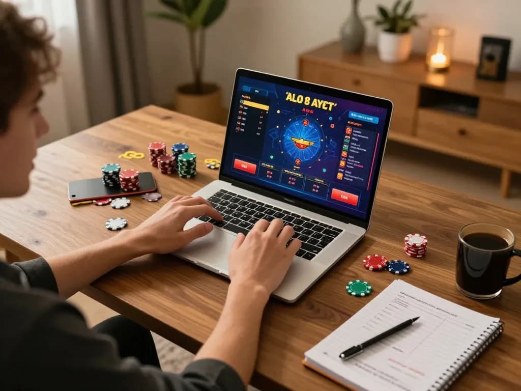 Player enjoying ALO8 casino games at home with engaging laptop interface and betting notes