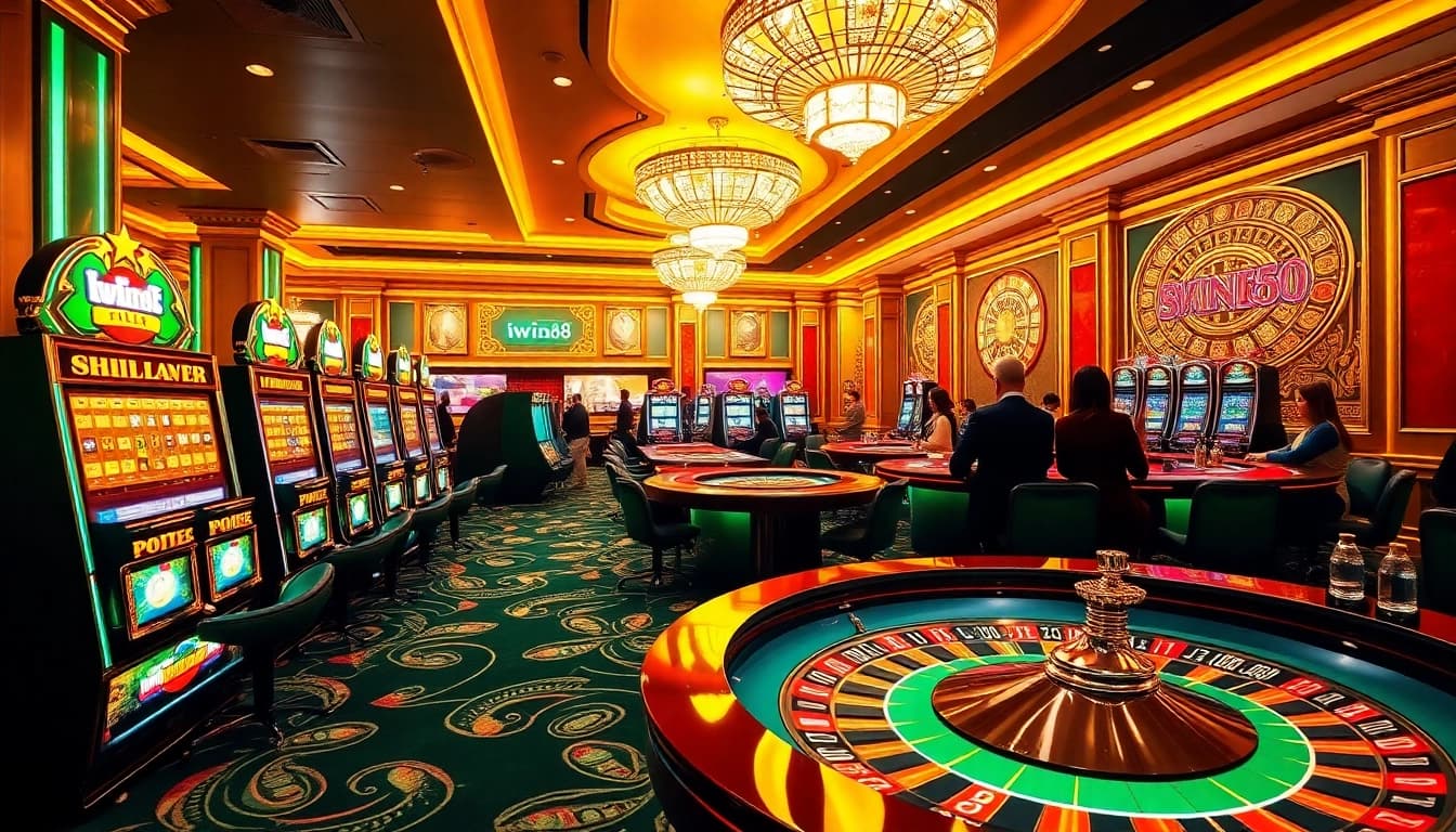 Experience the excitement of Iwin68 with luxurious casino visuals featuring thrilling slot machines and poker tables.