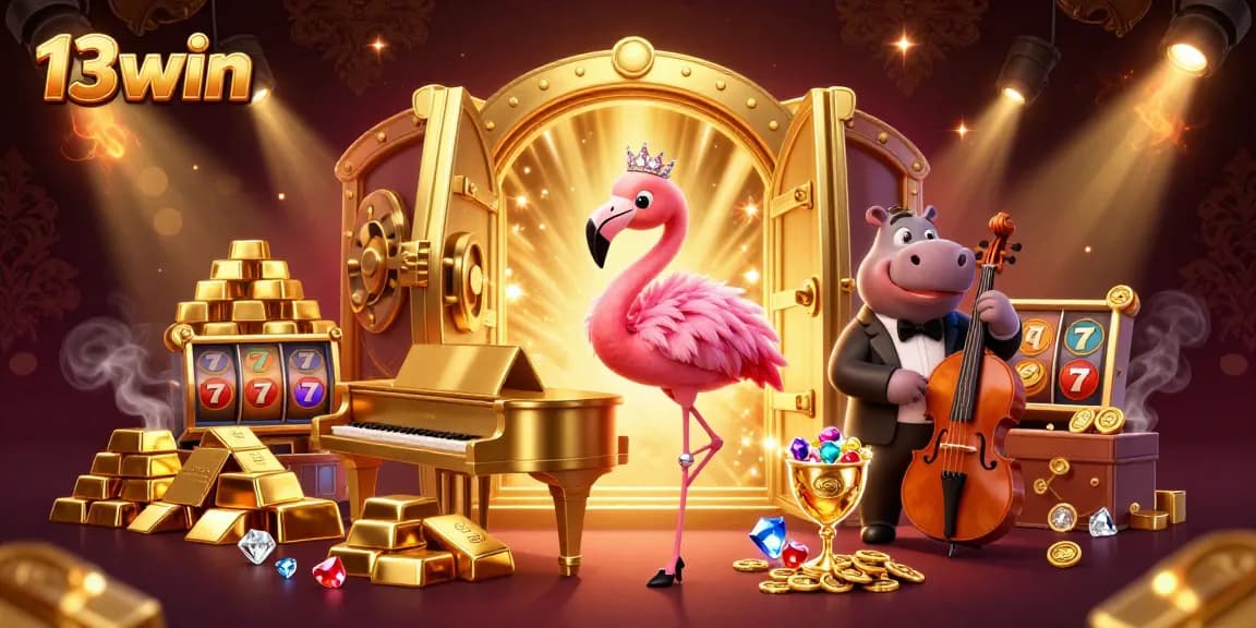Engage with 13win's exciting casino atmosphere featuring colorful characters and dynamic slot elements.
