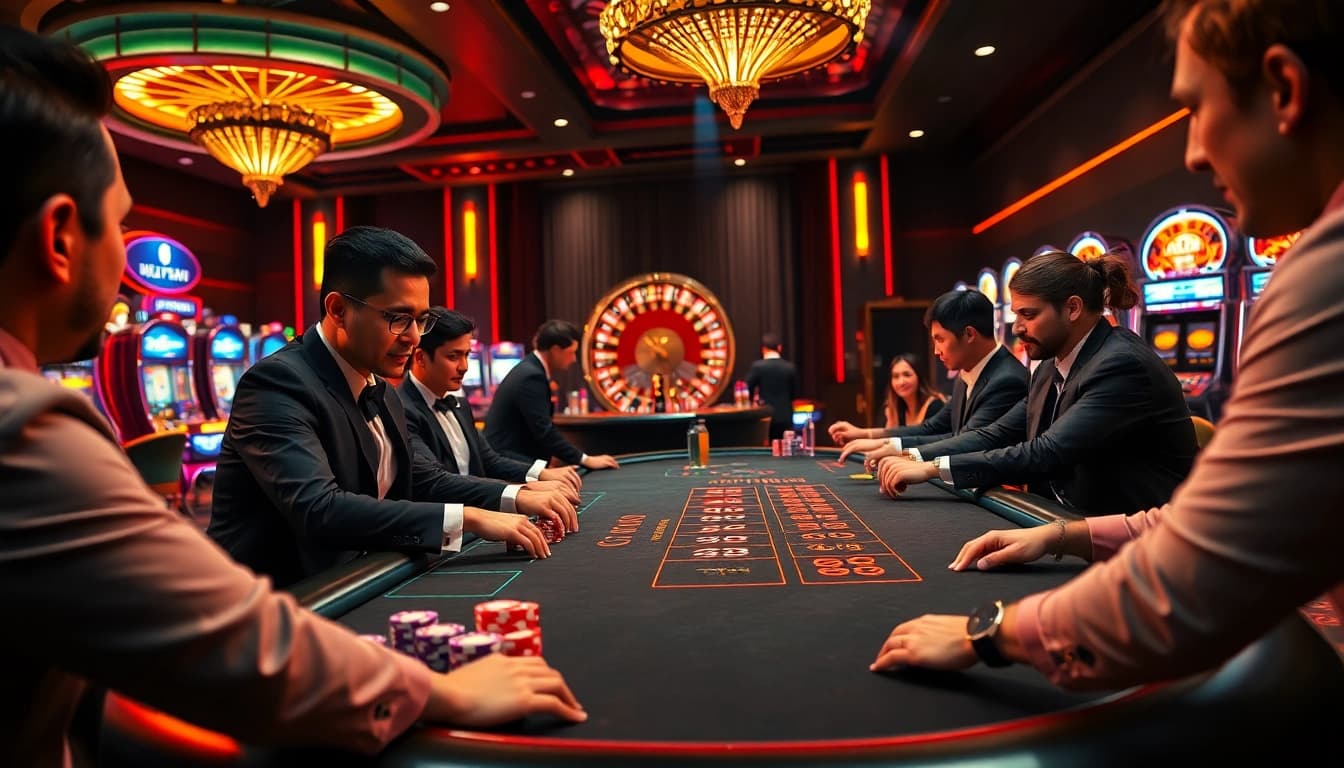 Experience thrilling gameplay at 123GA FUN casino, featuring vibrant poker tables and slot machines.