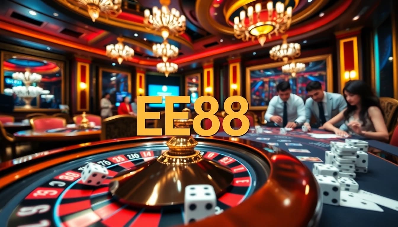EE88 casino scene with vibrant roulette wheel and excited players placing bets.
