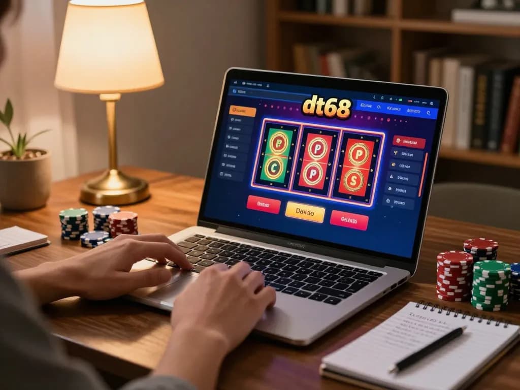 Engaged online gambler using dt68 platform on laptop, strategizing with chips and notes nearby