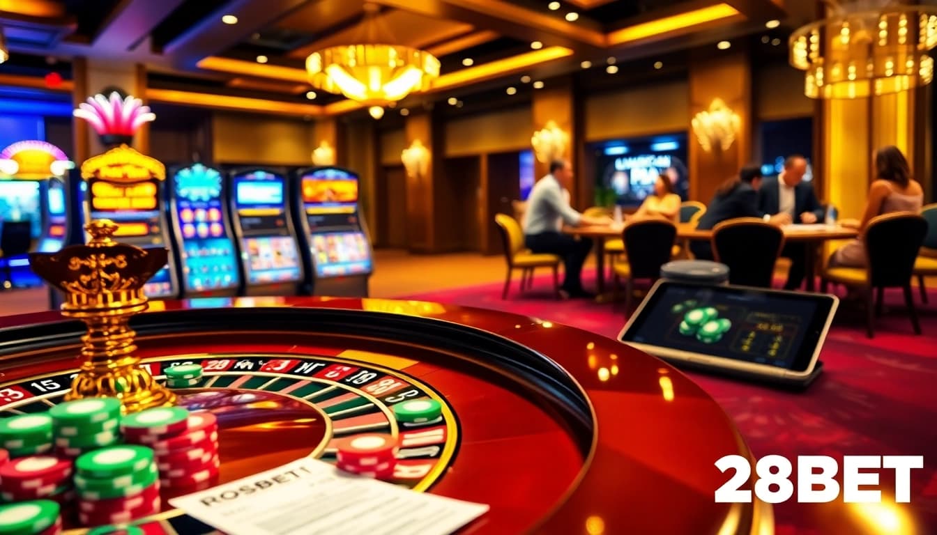 Experience the excitement of betting at 28BET with vibrant casino elements like roulette and poker.