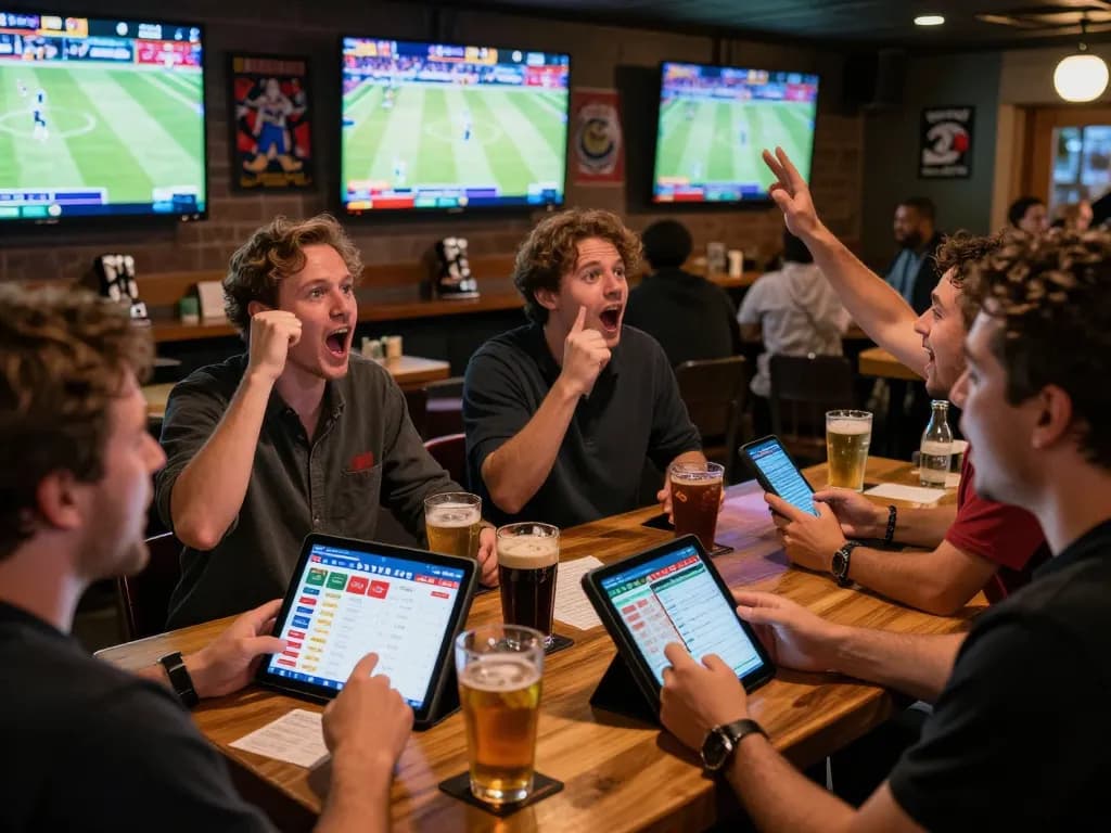 Excited sports fans engaging with the vvvwin betting app during a live game in a modern sports bar