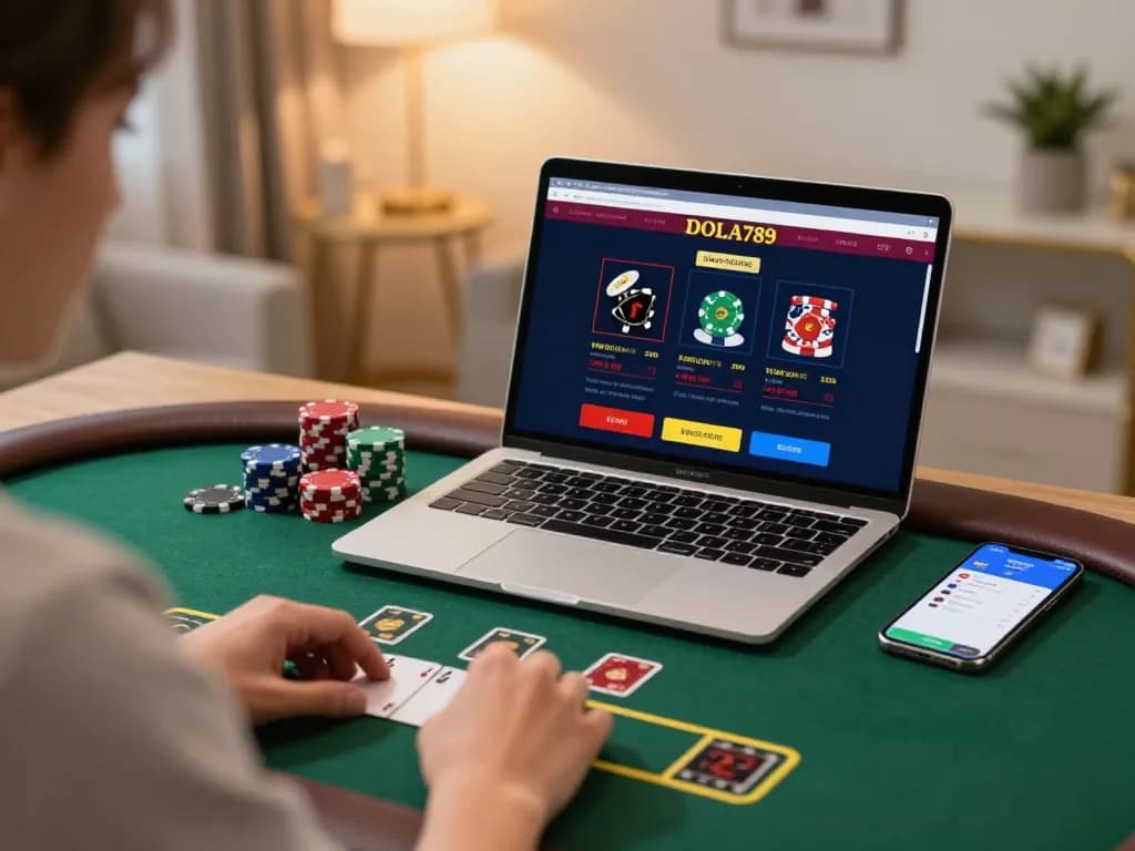 DOLA789 player strategizing in a live blackjack game at home, showcasing a relaxed yet focused atmosphere.