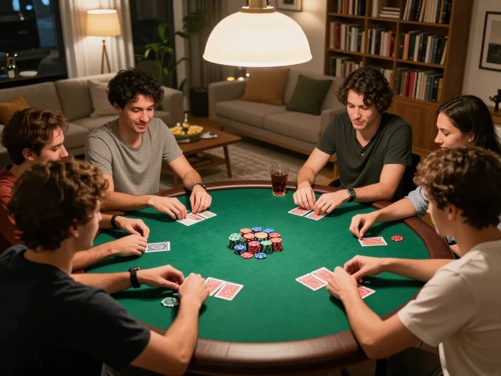 Friends play poker at home during a five88 gaming night, celebrating strategy and fun.