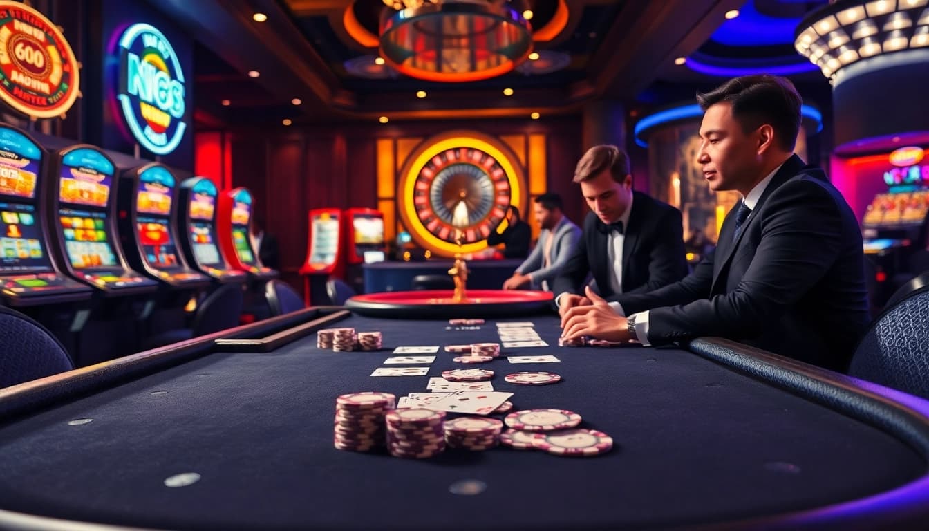 Players enjoying poker at a high-stakes table at https://nk88.sbs/, with vibrant slots in the background.
