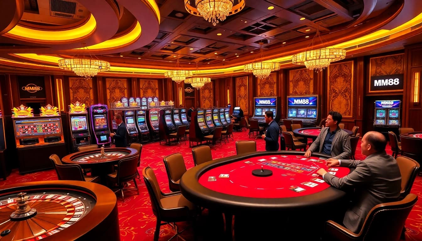Experience luxurious gambling at MM88 casino with roulette wheels, slot machines, and poker games.