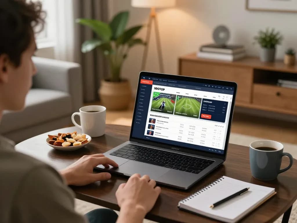 Sbotop user placing bets on laptop with sports interface visible, showcasing online betting strategies in cozy setting