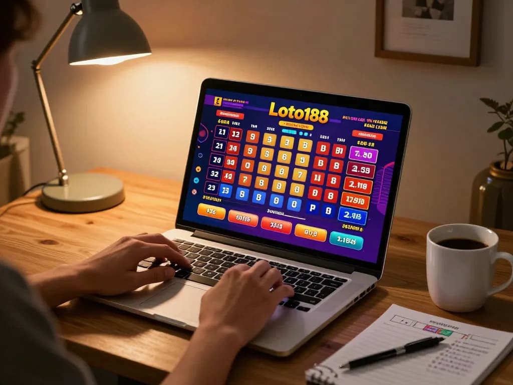 Engaged user playing loto188 online lottery from home, laptop and strategic notes in cozy atmosphere.