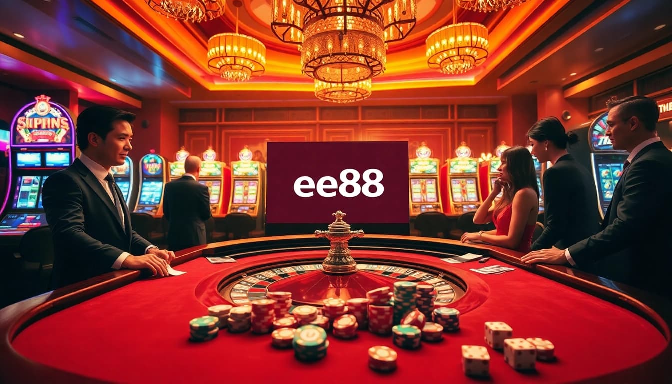 Experience the excitement of gaming at EE88 with vibrant casino visuals featuring roulette and slot machines.
