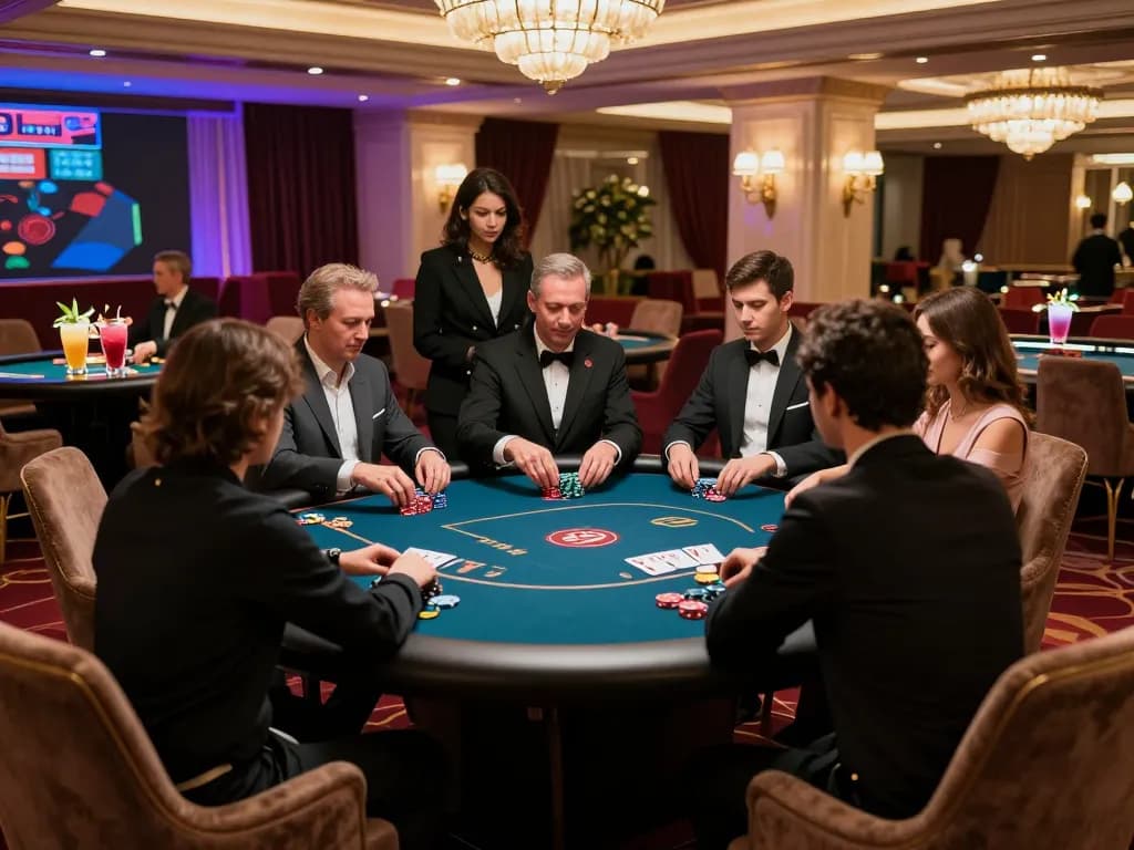 Players strategizing at RR99 poker table in a luxury casino environment.