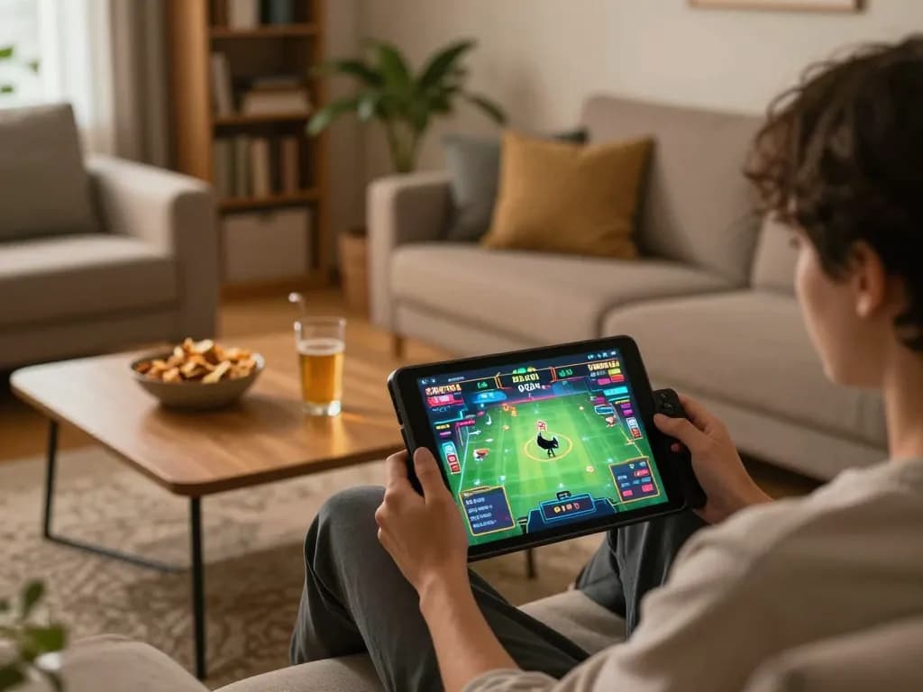 Person enjoying đá gà trực tiếp on a tablet, cozy home gaming setup with snacks nearby