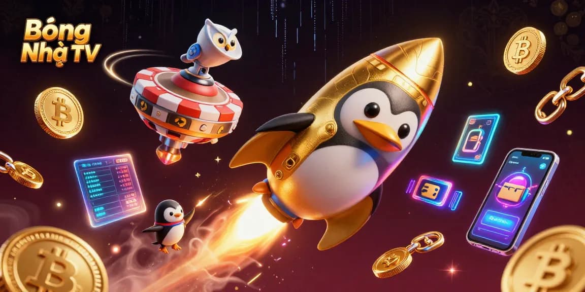 Bóng Nhựa TV offers a vibrant view of sports betting with an exciting penguin character and crypto elements.