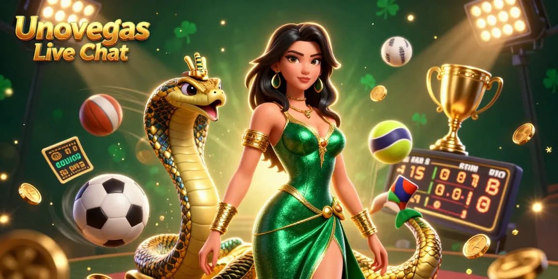 Engage with the vibrant Unovegas Live Chat featuring a dazzling casino scene with dynamic game elements.
