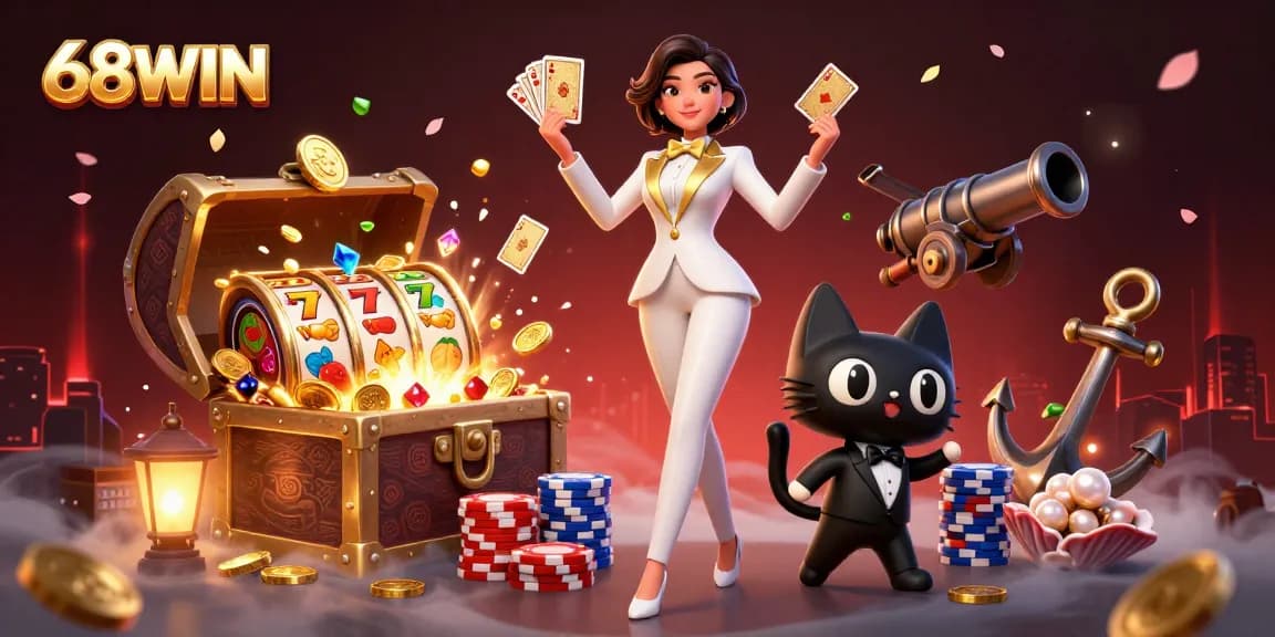 Join the 68WIN experience, where the glamorous dealer and playful cat enjoy dynamic slots action!
