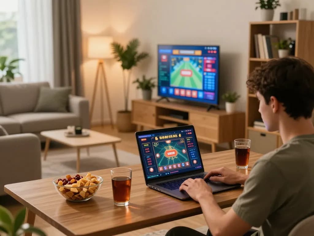 Online gaming experience on trang chủ fun79 with vibrant casino interface in a cozy home setting.