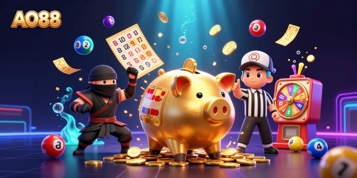 Experience the excitement of AO88 with a vibrant 3D casino scene featuring dynamic characters and winning elements.
