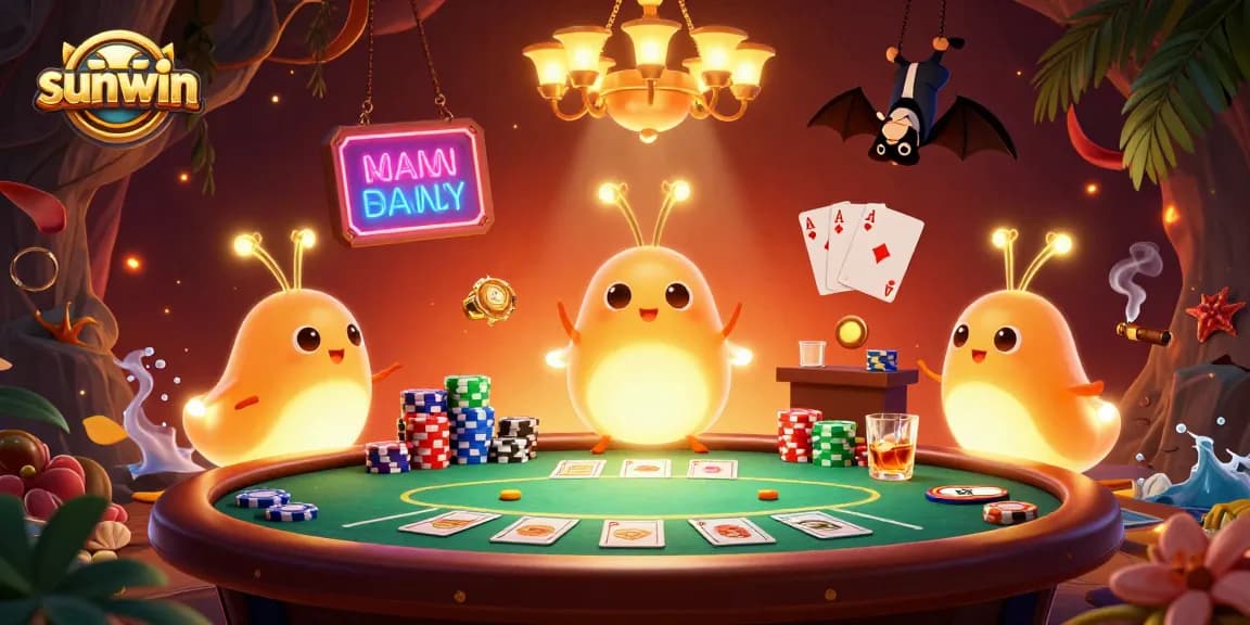 Engage with the vibrant sunwin casino, depicting glowworms illuminating a lively poker game scene.