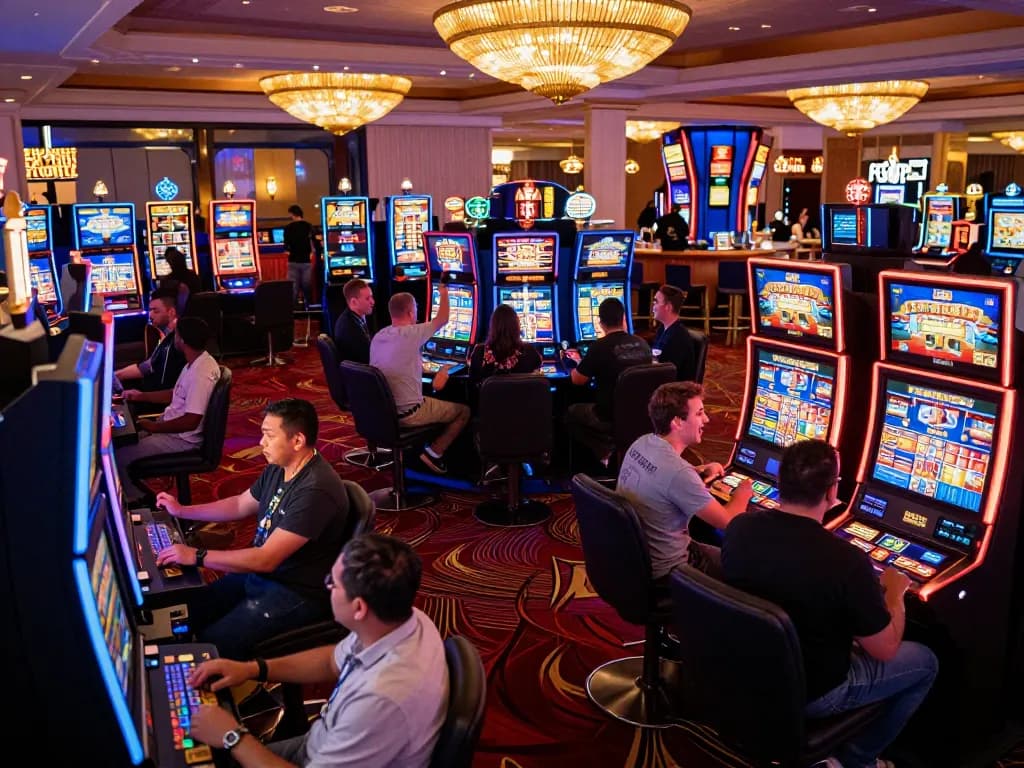 Sunwin players celebrating wins at vibrant Las Vegas casino slot machines with dynamic atmosphere
