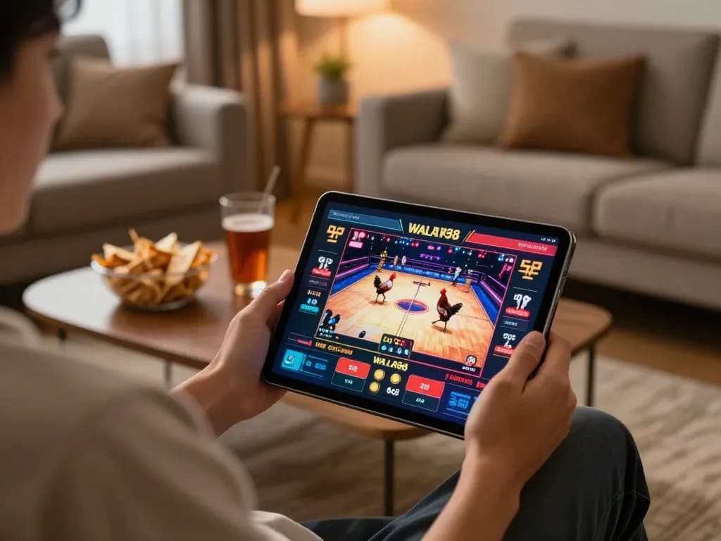 Engaging with WALA88 online betting on tablet during a thrilling live chicken fight.