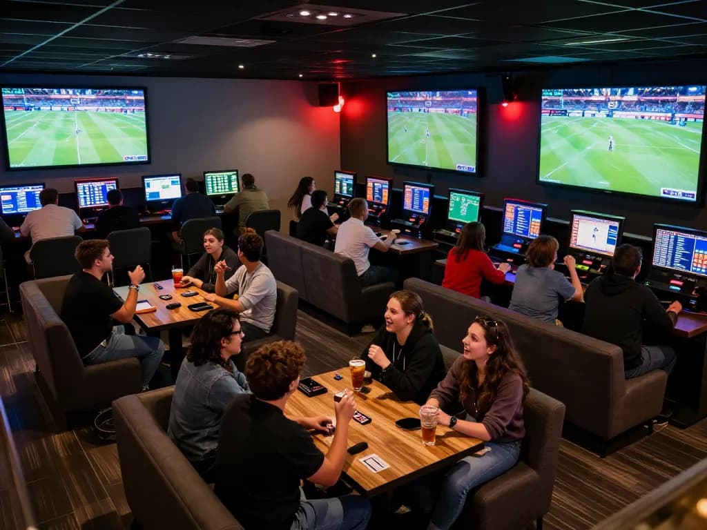 Fans engaging in sports betting excitement at keonhacaii88 in a vibrant lounge setting.