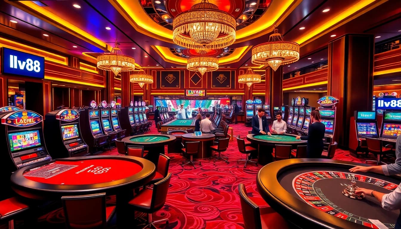 Players enjoying a thrilling game at lv88 casino, featuring vibrant slot machines and elegant tables.