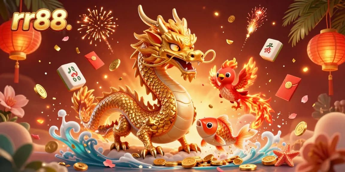 Engage in thrilling gameplay at rr88. with a vibrant 3D casino illustration featuring a dragon and phoenix.
