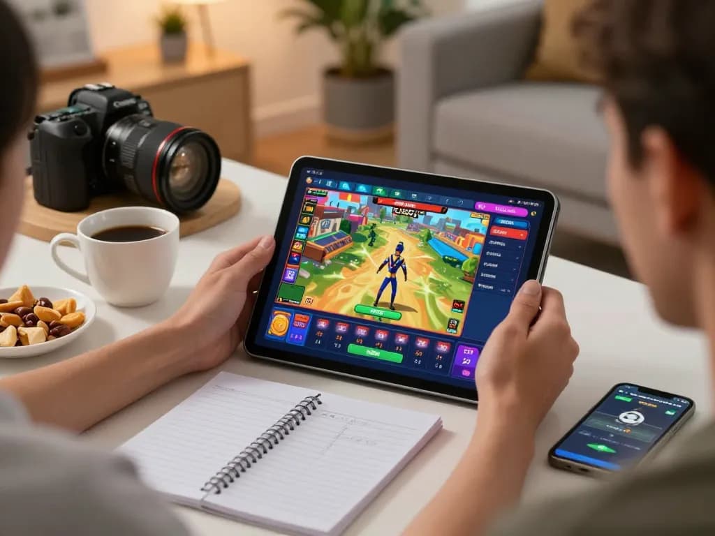 Engaging gameplay on gta togel with a player using a tablet in a cozy living room setup, showcasing excitement in online gambling.