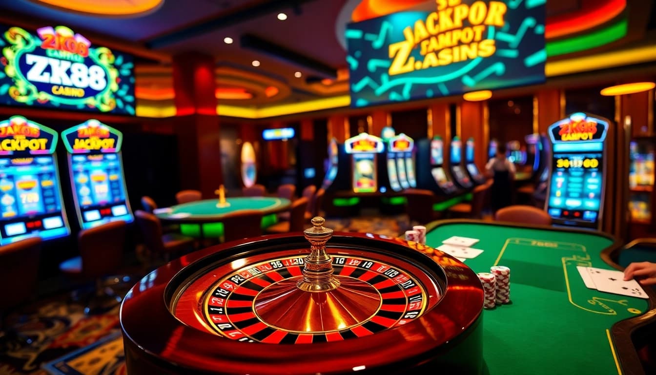 Experience the thrill of ZK88 with poker chips and a spinning roulette wheel in an elegant casino scene.