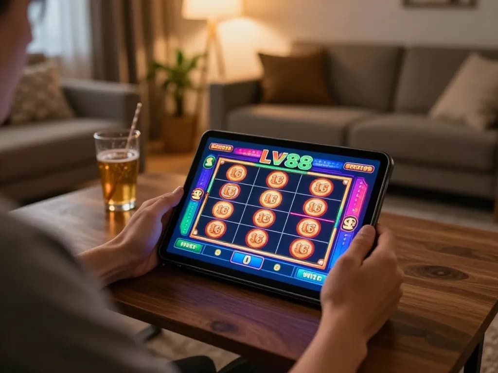 Player enjoying an exciting LV88 slot game on a tablet in a cozy home setting