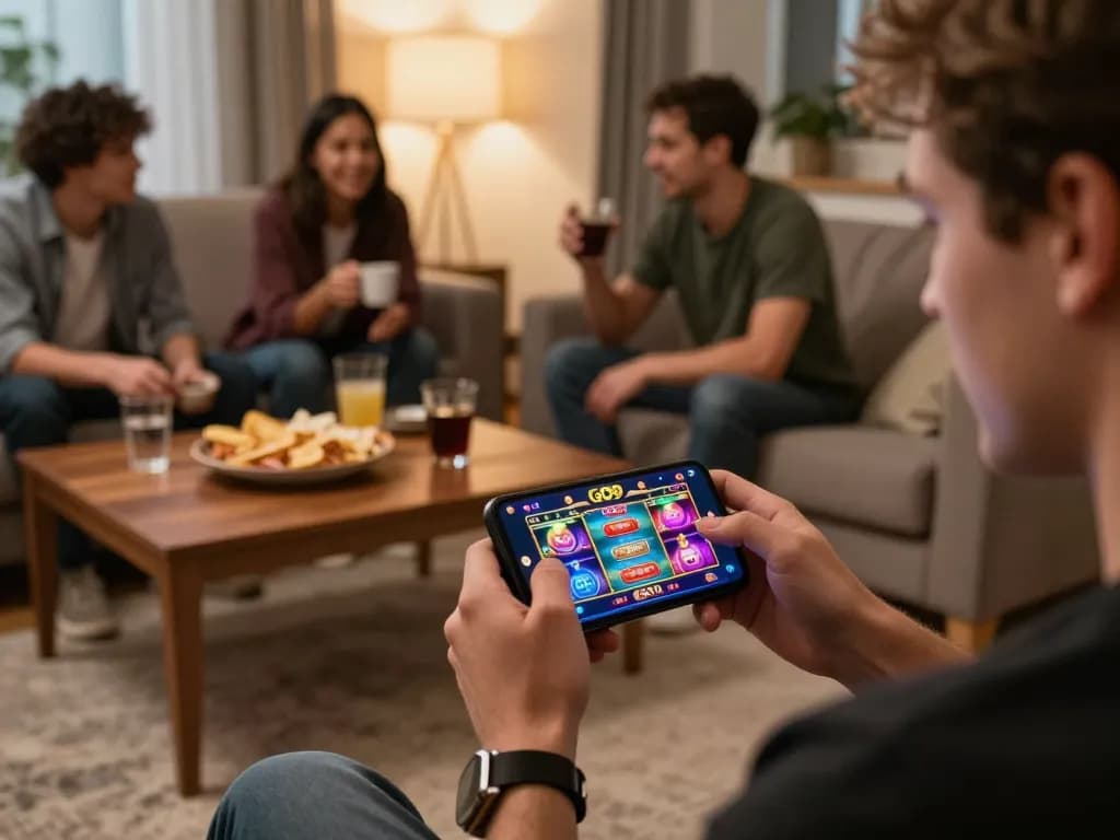Engaging with the GO99 casino app during an online gaming session at home.