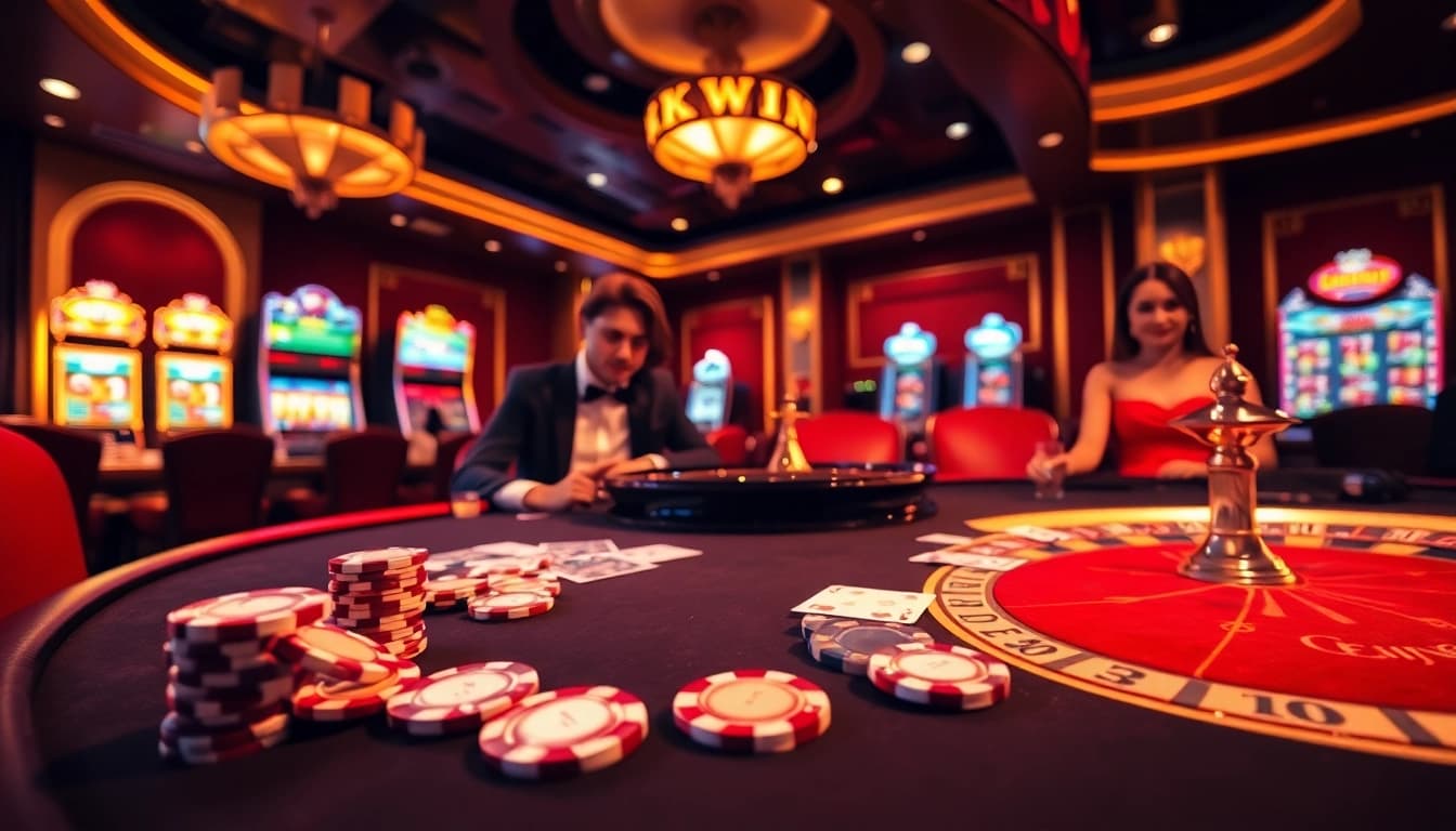 Experience the excitement of kkwin at a luxurious casino table with vibrant poker chips and cards.