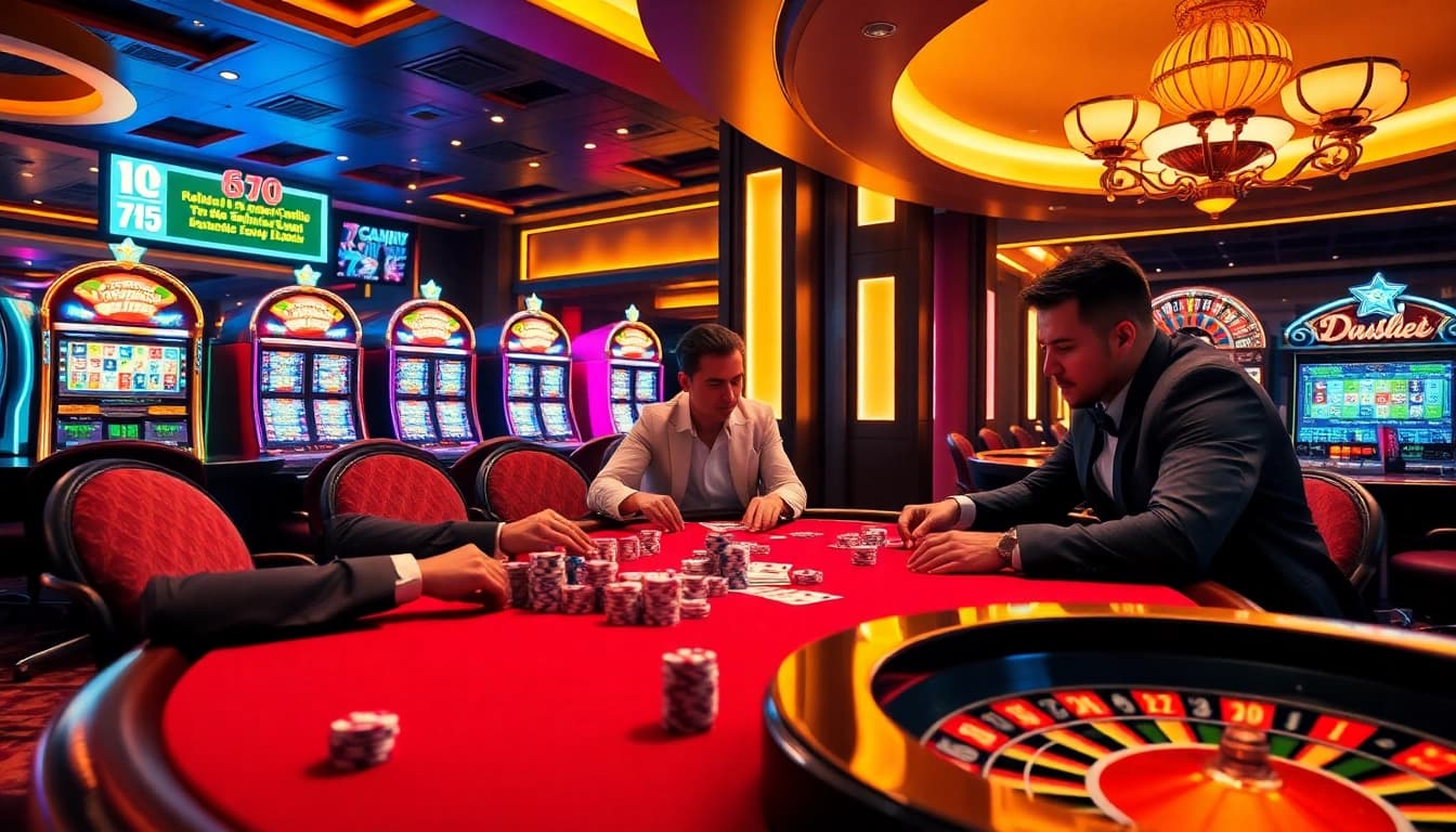 Players enjoying an exciting poker game at 789win, showcasing vibrant casino elements.