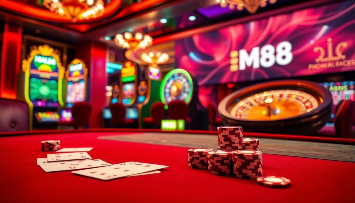 Engaging casino scene showcasing MM88 poker table and vibrant slot machines for an exciting gaming experience.