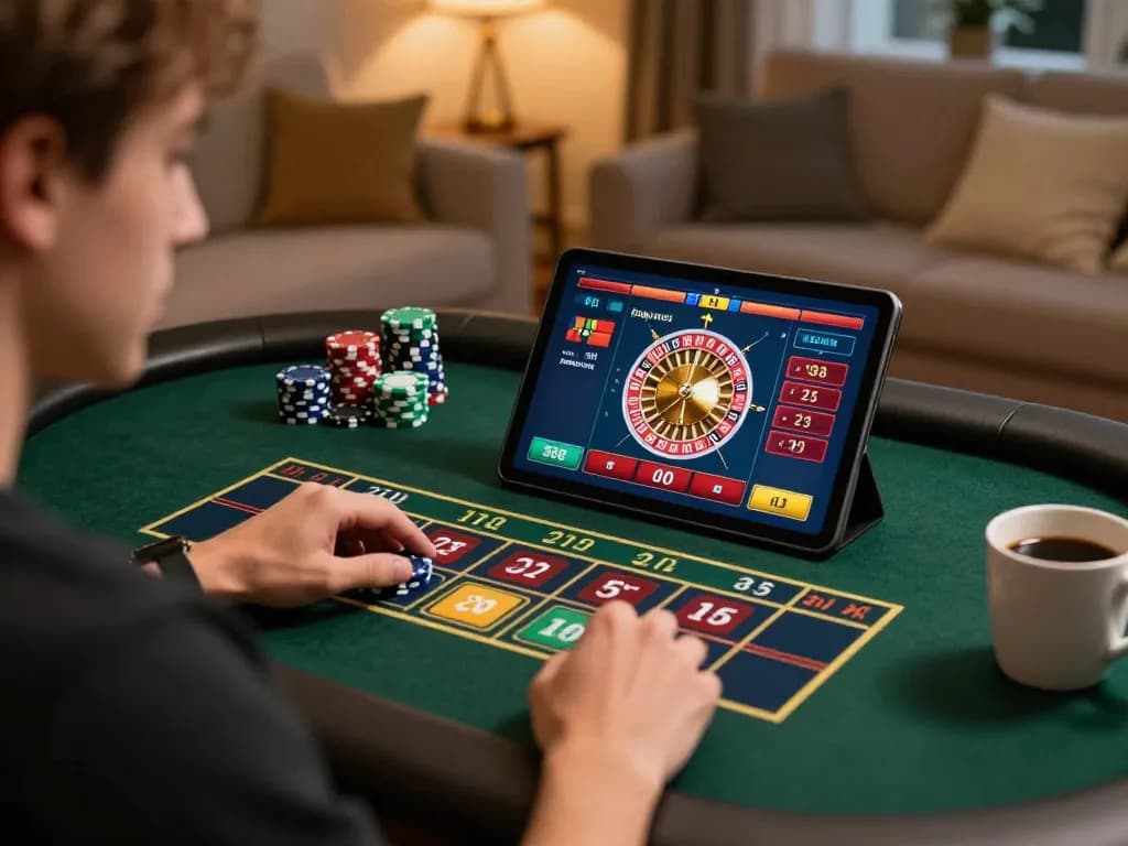Engaging player using tablet for S666 online roulette, immersive home gaming atmosphere, strategic focus evident