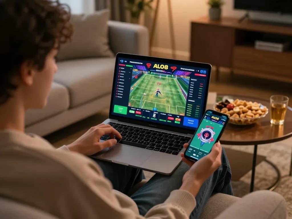 Betting on live sports with alo8 interface displayed on laptop, showcasing an exciting home gaming experience.