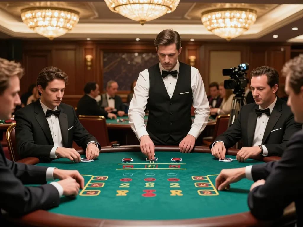 Engaged players enjoying baccarat at vu88 casino table with professional dealer overseeing gameplay.