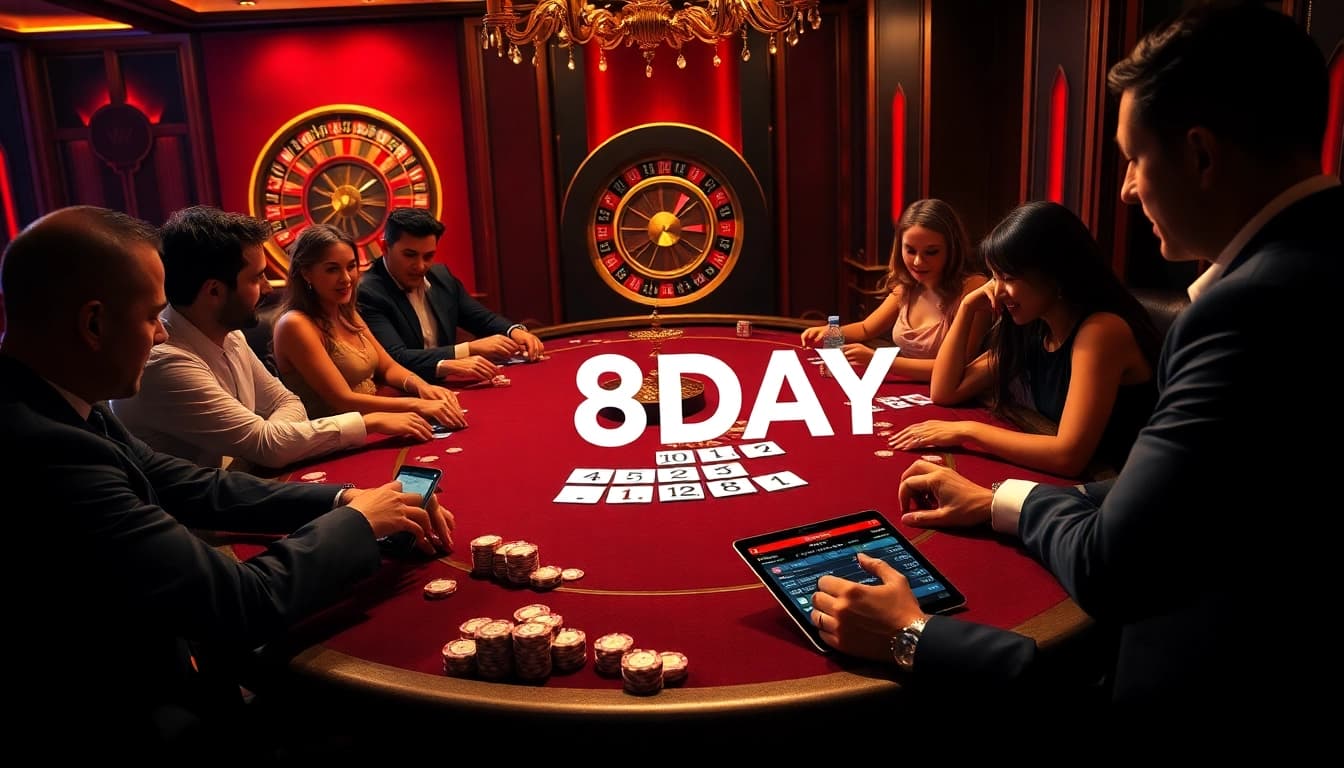 Players enjoying poker at a vibrant casino table, highlighting 8DAY online betting options.
