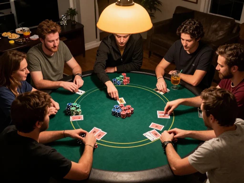 Players enjoying a fun poker night at home, with thabet cards dealt on a green felt table, camaraderie evident.